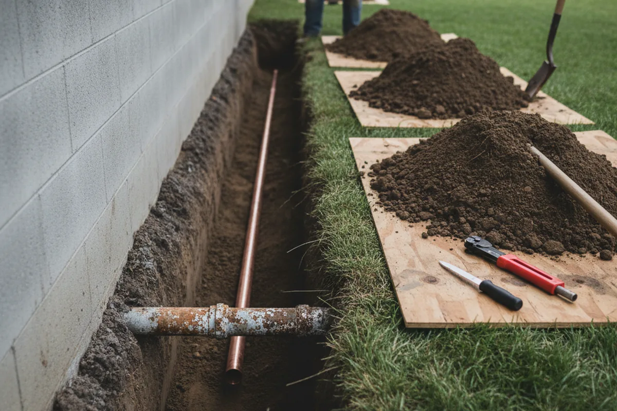 Excavated water line trench during Water Heater Repair in Miamisburg